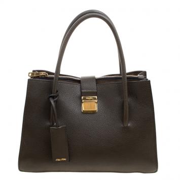 Pre Owned Miu Miu Military Green Leather Medium Madras Tote