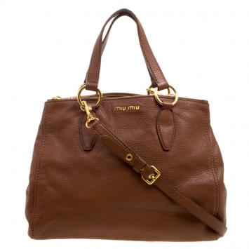 Pre Owned Miu Miu Brown Pebbled Leather Double Zip Convertible Tote