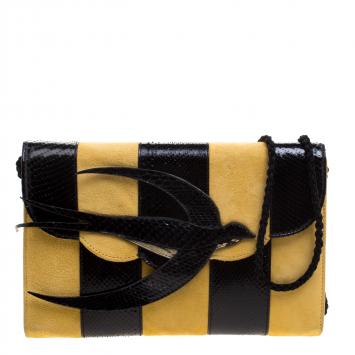 Pre Owned Miu Miu Yellow/Black Python and Suede Bird Shoulder Bag