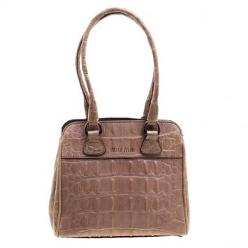 Pre Owned Miu Miu Beige Croc Horn Embossed Leather Tote