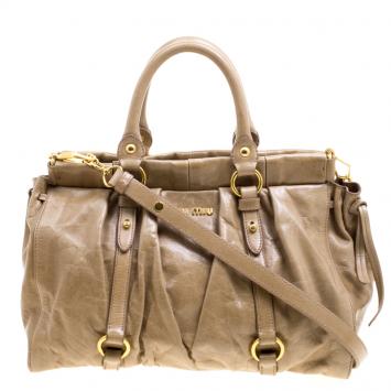 Pre Owned Miu Miu Fatigue Green Vitello Lux Leather Gathered Tote