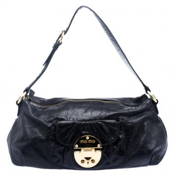 Pre Owned Miu Miu Black Leather Shoulder Bag