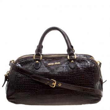 Pre Owned Miu Miu Brown Croc Embossed Leather Triple Zip Satchel