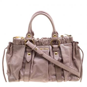Pre Owned Miu Miu Beige Glazed Leather Medium Luxe Ruched Top Handle Bag