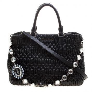 Pre Owned Miu Miu Black Matelasse Nappa Leather Crystal Tote