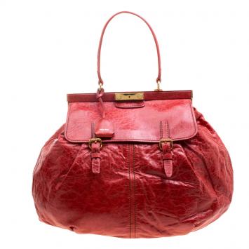 Pre Owned Miu Miu Red Vitello Lux Leather Frame Top Handle Bag
