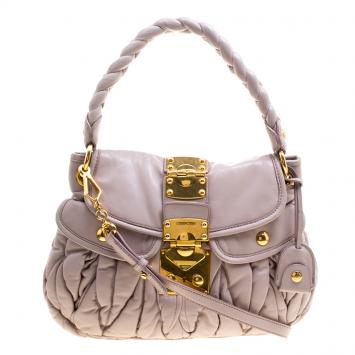 Pre Owned Miu Miu Beige Matelasse Lux Leather Small Coffer Hobo