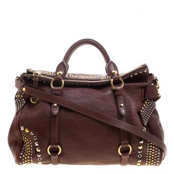 Pre Owned Miu Miu BrownLeather Bow Studded Tote
