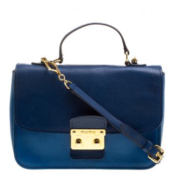 Pre Owned Miu Miu Blue Leather Madras Top Handle Crossbody Bag