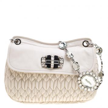 Pre Owned Miu Miu White Matelassé Leather Crystal Flap Shoulder Bag