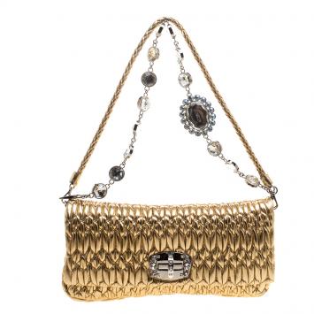 Pre Owned Miu Miu Gold Matelassé Leather Crystal Flap Shoulder Bag