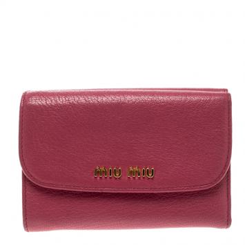 Pre Owned Miu Miu Hot Pink Leather Madras Compact Wallet