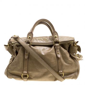 Pre Owned Miu Miu Beige Glazed Leather Bow Tote