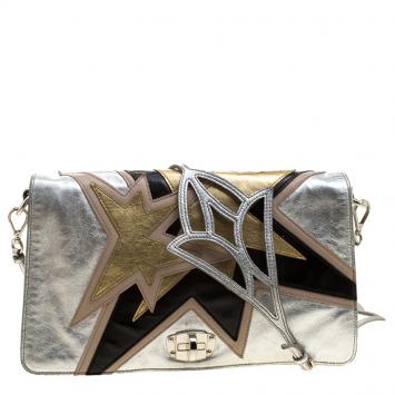 Pre Owned Miu Miu Silver Leather Mini Star Motif Diagonal Shoulder Bag