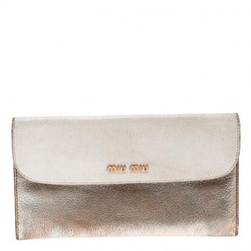 Pre Owned Miu Miu Bronze/White Leather Flap Wallet 