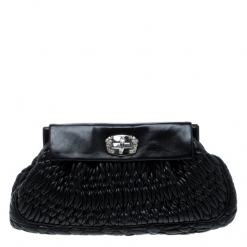 Pre Owned Miu Miu Black Matelasse Leather Crystal Clutch