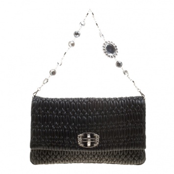 Pre Owned Miu Miu Black Matelassé Leather Crystal Flap Shoulder Bag