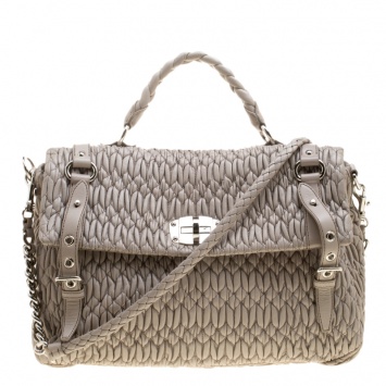 Pre Owned Miu Miu Grey Matelasse Nappa Leather Large Top Handle Bag