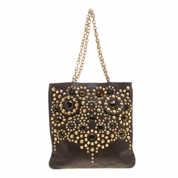 Pre Owned Miu Miu Brown Leather Crystal/Metal Embellished Tote 