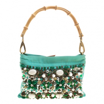 Pre Owned Miu Miu Green Sequin and Beads Bamboo Handle Bag