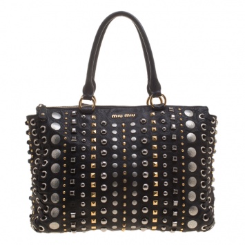 Pre Owned Miu Miu Black Leather Studded Monk Bag