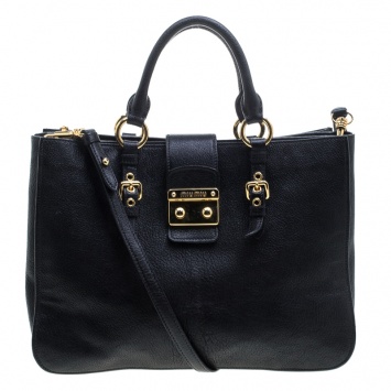 Pre Owned Miu Miu Black Leather Madras Executive Tote