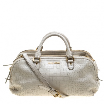 Pre Owned Miu Miu White Croc Embossed Patent Leather Bowling Bag
