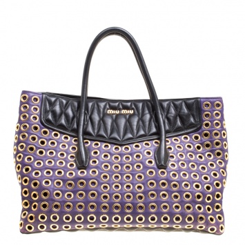 Pre Owned Miu Miu Purple Leather Biker Eyelet Tote