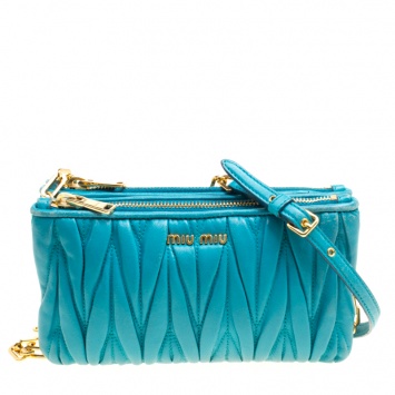 Pre Owned Miu Miu Turquoise Matelasse Leather Double Zip Crossbody Bag
