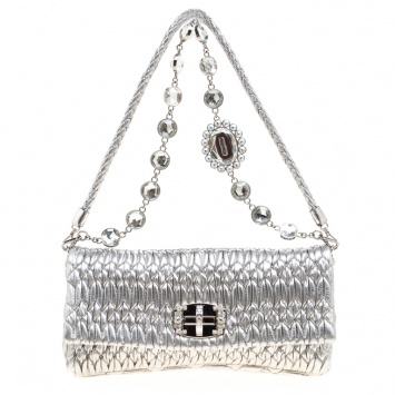 Pre Owned Miu Miu Silver Matelassé Leather Shoulder Bag