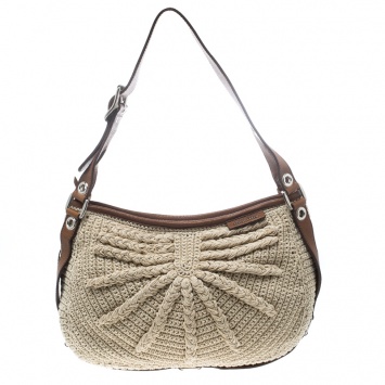 Pre Owned Miu Miu Beige/Brown Crochet Fabric and Leather Hobo