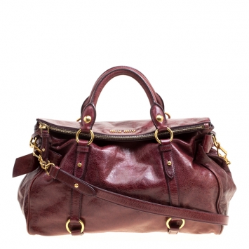 مملوكة مسبقًا Miu Miu Burgundy Glazed Leather Bow Top Handle Bag