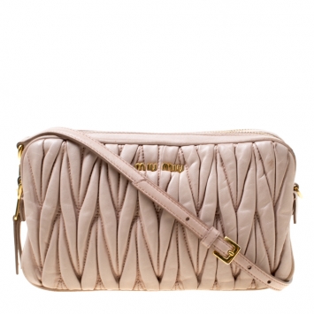 Pre Owned Miu Miu Blush Pink Matelasse Leather Double Zip Crossbody Bag