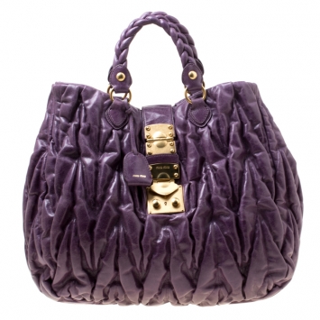 Pre Owned Miu Miu Purple Matelasse Leather Large Shopper Tote