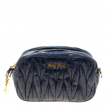 Pre Owned Miu Miu Blue Matelassé Leather Camera Shoulder Bag
