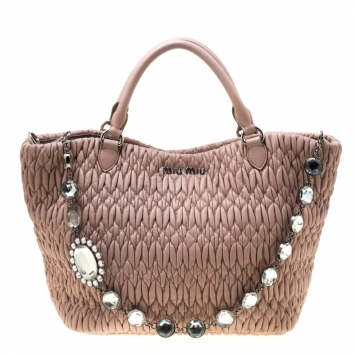 Pre Owned Miu Miu Pink Matelasse Nappa Leather Crystal Tote