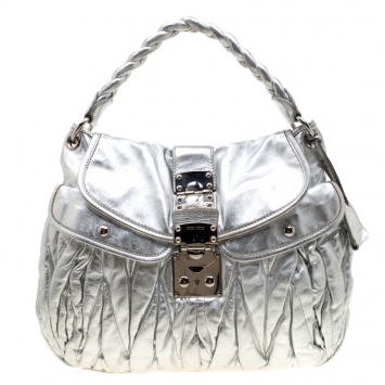 Pre Owned Miu Miu Silver Matelasse Leather Coffer Hobo
