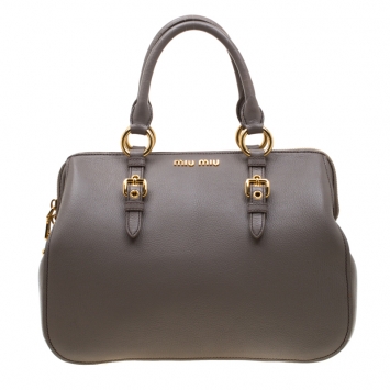 Pre Owned Miu Miu Grey Leather Madras Bowling Bag