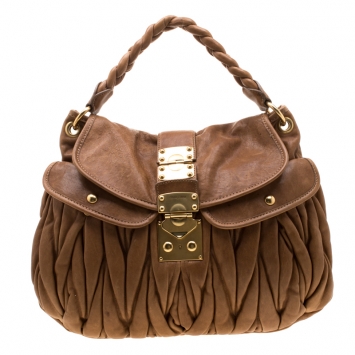 Pre Owned Miu Miu Brown Matelasse Leather Coffer Hobo