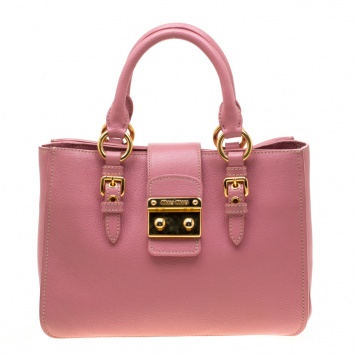 Pre Owned Miu Miu Pink Leather Medium Madras Tote