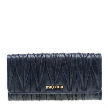 Pre Owned Miu Miu Navy Blue Matelasse Leather Continental Wallet