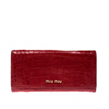 Pre Owned Miu Miu Red Croc Embossed Leather Flap Continental Wallet