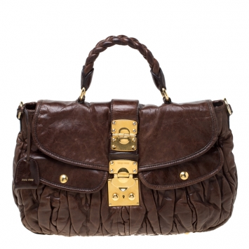 Pre Owned Miu Miu Dark Brown Matelasse Lux Leather Coffer Hobo