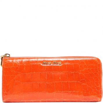 Pre Owned Miu Miu Orange Crocodile Embossed Leather Zip around Wallet