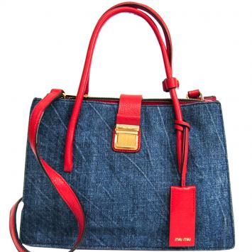 Pre Owned Miu Miu Navy Blue/Red Denim Leather Shoulder Bag