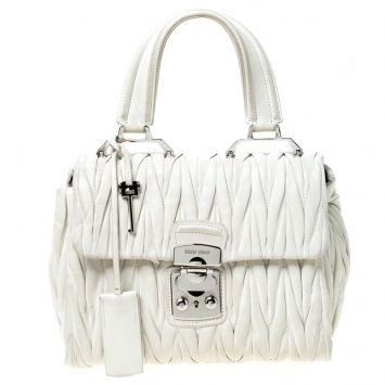 Pre Owned Miu Miu White Matelasse Leather Top Handle Bag