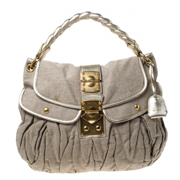 Pre Owned Miu Miu Beige/Gold Matelasse Fabric and Leather Coffer Hobo