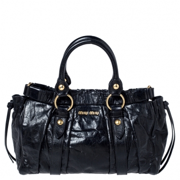 Pre Owned Miu Miu Black Glazed Leather Luxe Ruched Tote