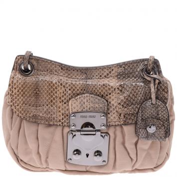 Pre Owned Miu Miu Beige Python Leather And Canvas Shoulder Bag