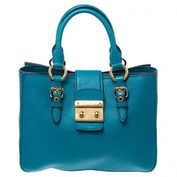 Pre Owned Miu Miu Blue Leather Madras Top Handle Bag